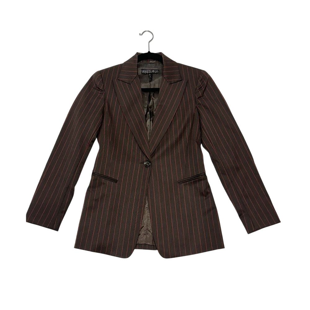 Lafayette 148 New York Pinstripe Peak Lapel Wool Blazer Jacket Brown Size 2 EUC